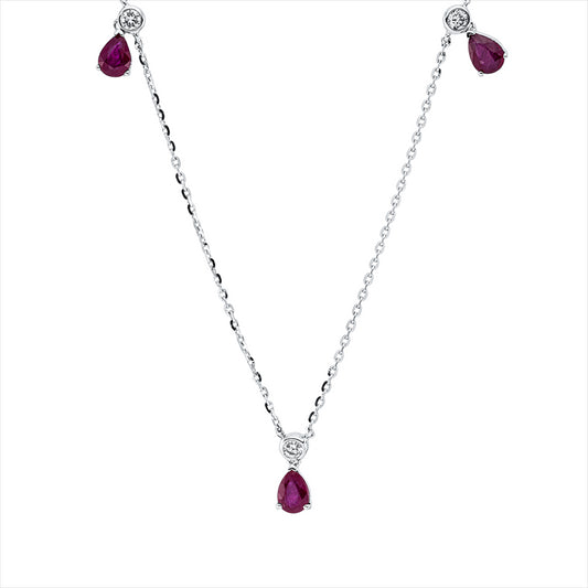 Collier 14 kt WG, mit ZÖ 40 cm + 43 cm, 3 Brill. 0,08 ct, TW-si, 3 Rubine 0,53 ct rot