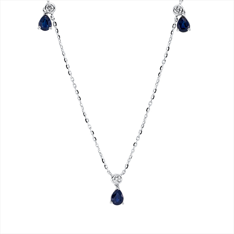 Collier 14 kt WG, mit ZÖ 40 cm + 43 cm, 3 Brill. 0,08 ct, TW-si, 3 Saphire 0,47 ct blau