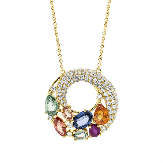 Collier 18 kt GG, mit ZÖ 43 cm, 6 Brill.0,08 ct, TW-si, 85 Brill.0,41 ct, TW-si, 7 Saphire 2,73 ct multicolor
