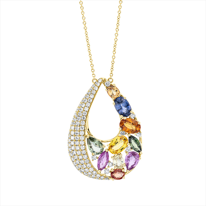 Collier 18 kt GG, 8 Brill. 0,10 ct, TW-si, 100 Brill. 0,68 ct, TW-si, 10 Saphire 4,43 ct multicolor