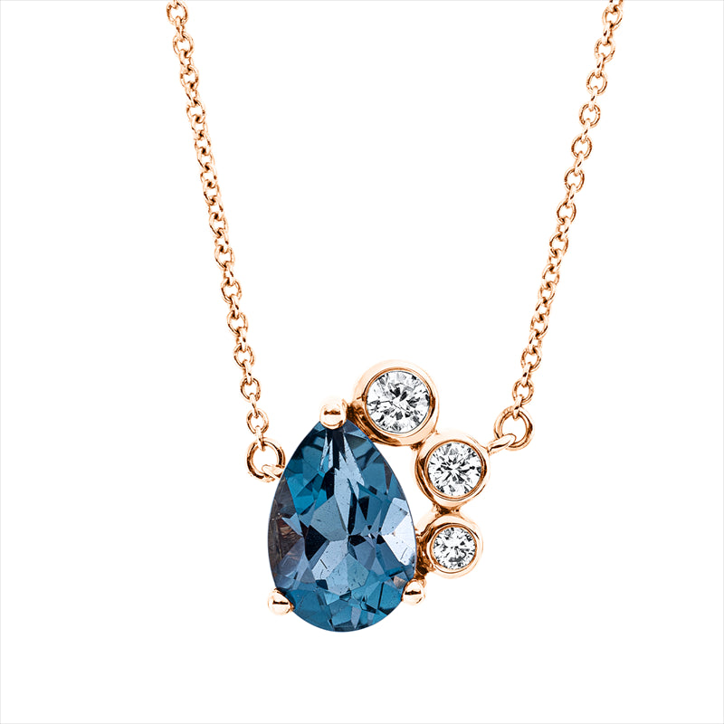 Collier 18 kt RG, mit ZÖ 43 cm, 3 Brill. 0,12 ct, TW-pi, 1 Topas 1,50 ct Lond. blue