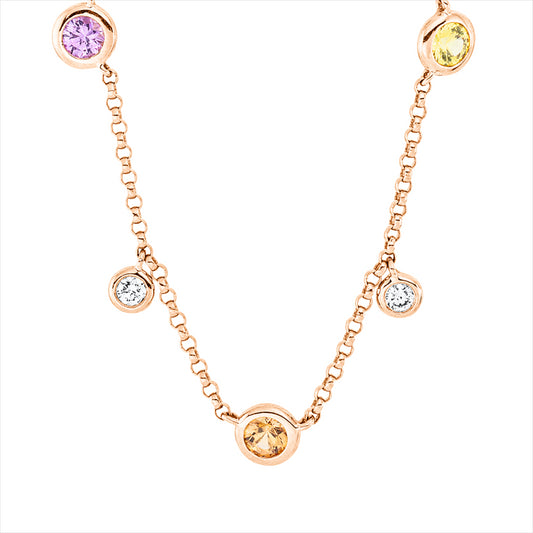 Collier 18 kt RG, 8 Brill. 0,20 ct, F-vsi, 5 Saphire 0,50 ct multicolor