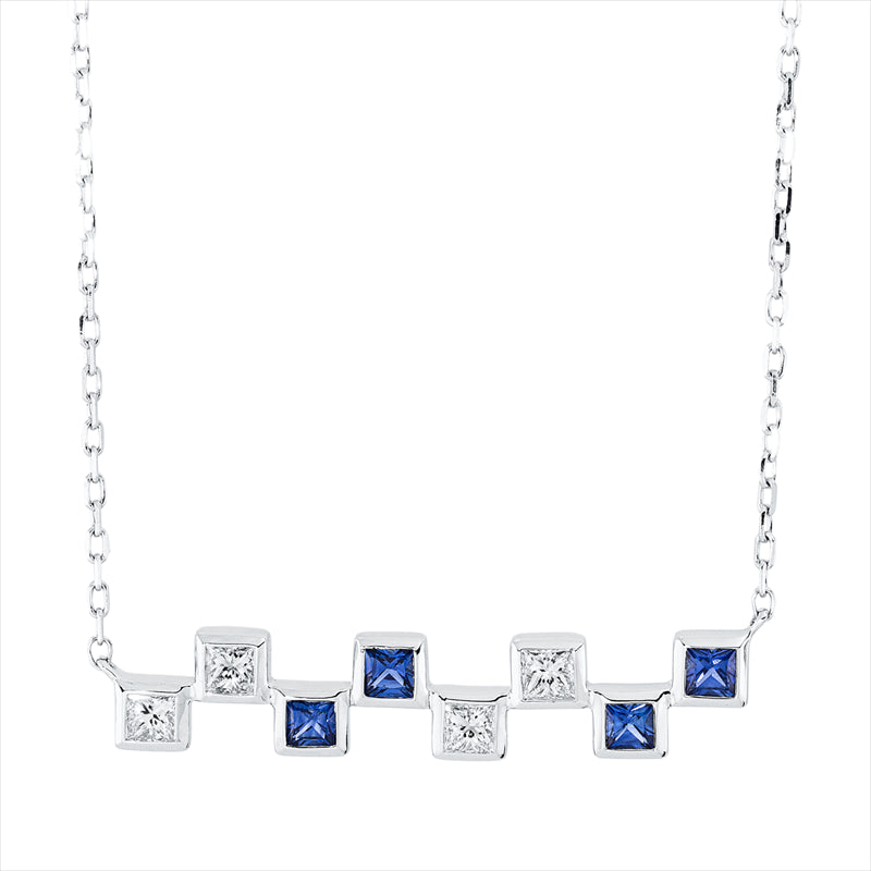 Collier 18 kt WG, 4 Princ. 0,28 ct, F-vsi, 4 Saphire 0,32 ct blau