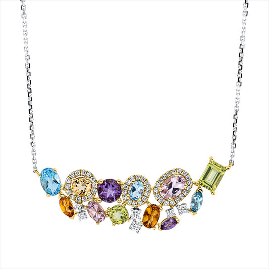 Collier 18 kt WG+GG, mit ZÖ 40 cm, 52 Brill. 0,34 ct, F-vsi, 12 Farbsteine 3,54 ct multicolor