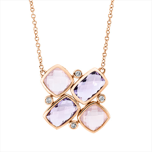 Collier 18 kt RG, mit ZÖ 40 cm, 4 Brill. 0,05 ct, TW-si, 2 Amethyste 2,30 ct pink, 2 Quarz 2,00 ct rosa