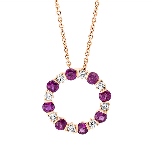 Collier 18 kt RG, mit ZÖ 40 cm + 43 cm, 8 Brill. 0,26 ct, E-vsi, 8 Rubine 1,06 ct rot