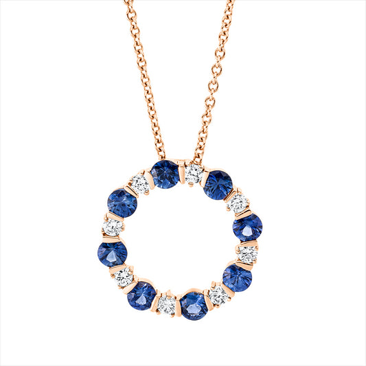 Collier 18 kt RG, mit ZÖ 40 cm + 43 cm, 8 Brill. 0,26 ct, E-vsi, 8 Saphire 1,08 ct blau