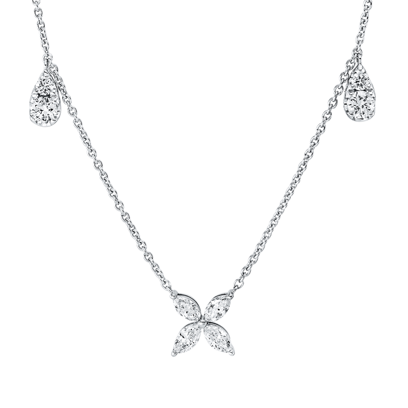 Collier 18 kt WG, mit ZÖ 40 cm + 43 cm, 2 Brill. 0,23 ct, W-si, 12 Nav. 0,63 ct, TW-si, 2 Brill. 0,08 ct, W-si