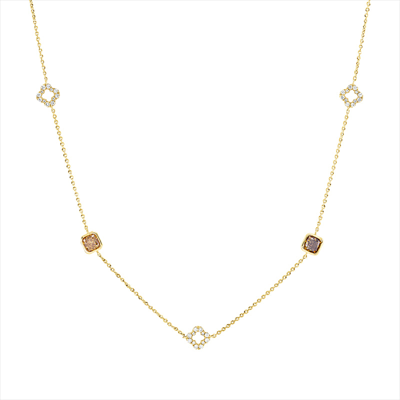 Collier 18 kt GG, mit ZÖ 38 cm + 40,6 cm, 60 Brill. 0,23 ct, TW-si, 4 Fant-Schl. 0,23 ct, gelb