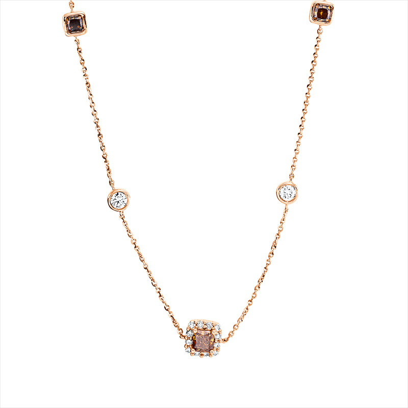 Collier 18 kt RG, mit ZÖ 38 cm + 40,6 cm, 42 Brill. 0,61 ct, TW-si, 5 Fant-Schl. 1,01 ct, braun