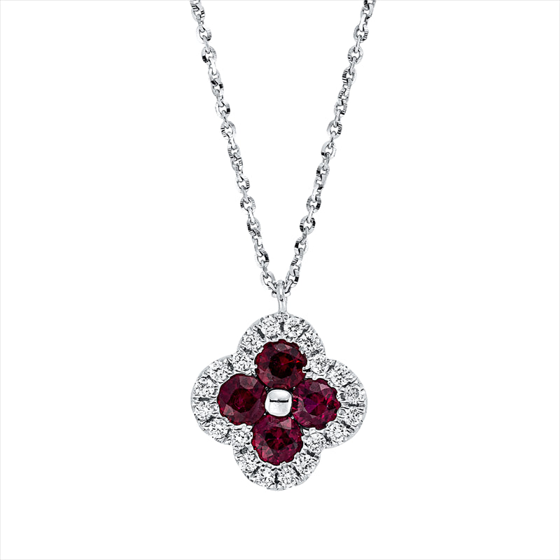 Collier 18 kt WG, mit ZÖ 38 cm + 40,6 cm, 20 Brill. 0,12 ct, TW-si, 4 Rubine 0,45 ct rot