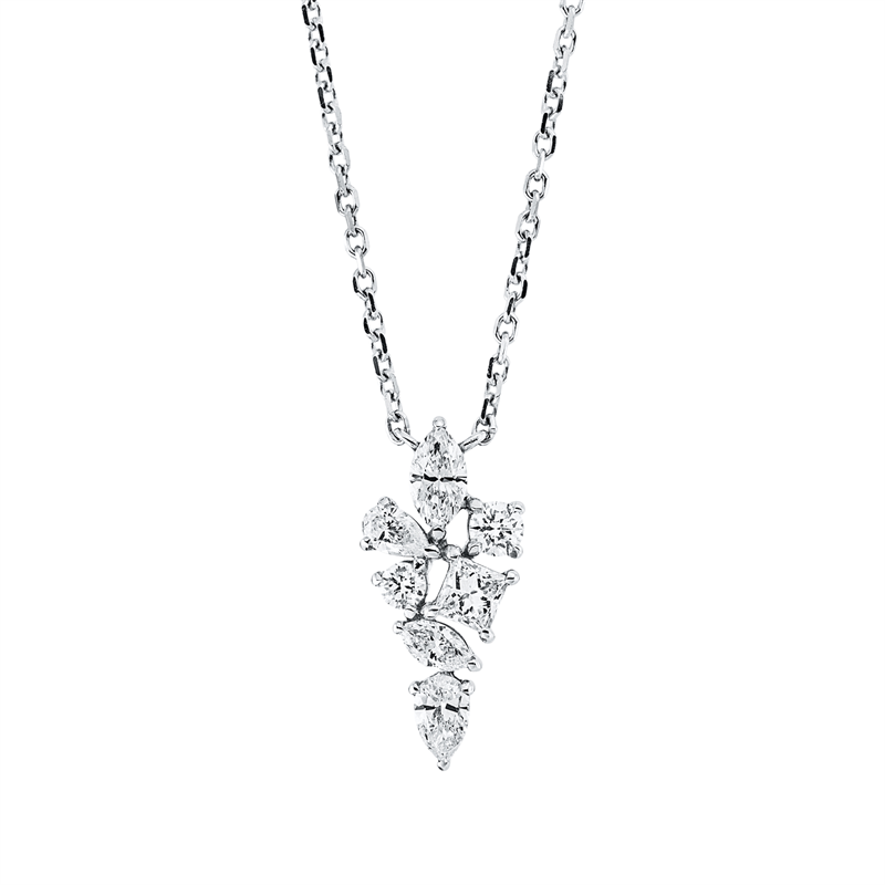 Collier 18 kt WG, mit ZÖ 40 cm + 43 cm, 2 Nav. 0,16 ct, TW-si, 1 Princ. 0,09 ct, TW-si, 2 Tropfen 0,13 ct, TW-si, 2 Brill. 0,08 ct, TW-si