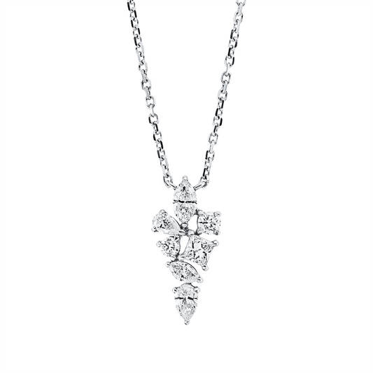 Collier 18 kt WG, mit ZÖ 40 cm + 43 cm, 2 Nav. 0,16 ct, TW-si, 1 Princ. 0,09 ct, TW-si, 2 Tropfen 0,13 ct, TW-si, 2 Brill. 0,08 ct, TW-si