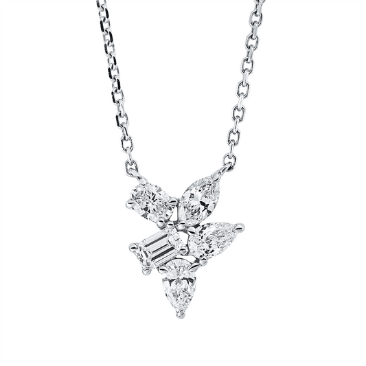 Collier 18 kt WG, mit ZÖ 40 cm + 43 cm, 3 Tropfen 0,41 ct, TW-si, 1 Nav. 0,14 ct, TW-si, 2 Brill. 0,19 ct, TW-si
