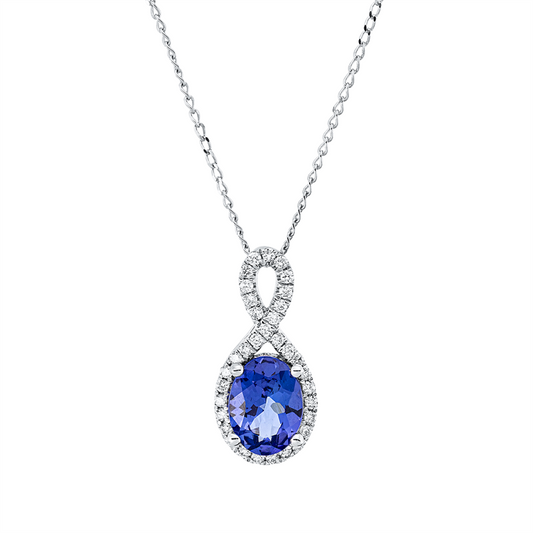 Collier 14 kt WG, mit ZÖ 40 cm + 43 cm, 34 Brill. 0,19 ct, TW-si, 1 Tansanit 1,34 ct blau