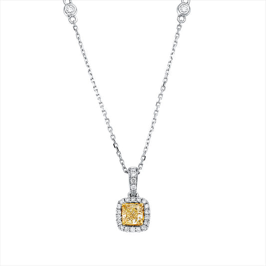 Collier 18 kt WG+GG, mit ZÖ 40,6 cm + 43,2 cm, 24 Brill. 0,18 ct, TW-si, 1 Cushion 0,51 ct, gelb