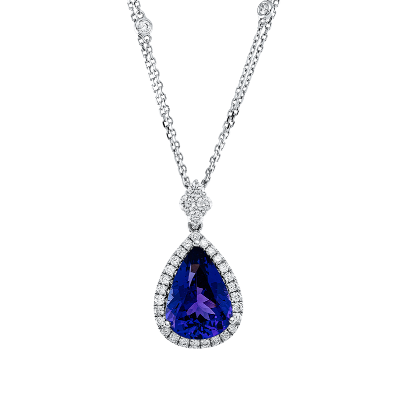 Collier 18 kt WG, mit ZÖ 40 cm + 43 cm, 35 Brill. 0,63 ct, TW-si, 1 Tansanit 5,84 ct blau