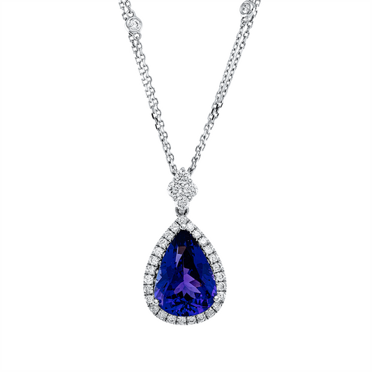 Collier 18 kt WG, mit ZÖ 40 cm + 43 cm, 35 Brill. 0,63 ct, TW-si, 1 Tansanit 5,84 ct blau
