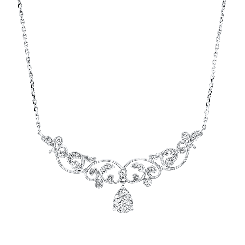 Collier 18 kt WG, mit ZÖ 40 cm + 43 cm, 33 Brill. 0,09 ct, TW-si/pi, 12 Brill. 0,20 ct, TW-si/pi