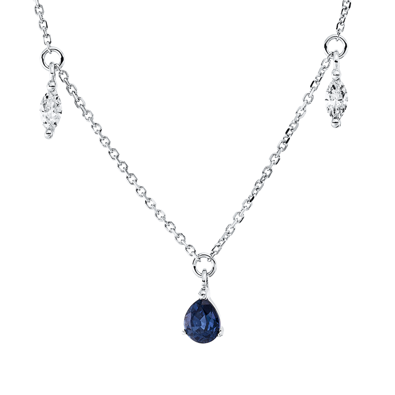 Collier 18 kt WG, mit ZÖ 42cm, 43cm, 44cm, 4 Nav. 0,26 ct, W-si, 5 Saphire 0,90 ct blau