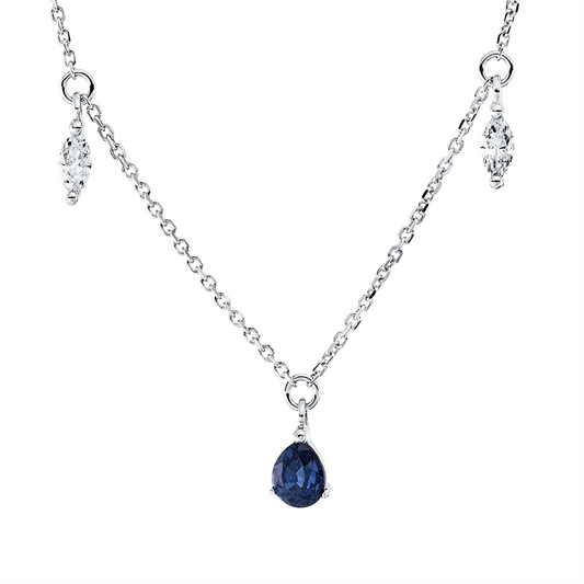 Collier 18 kt WG, mit ZÖ 42cm, 43cm, 44cm, 4 Nav. 0,26 ct, W-si, 5 Saphire 0,90 ct blau