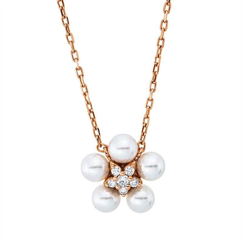 Collier 18 kt RG, 8 Brill. 0,22 ct, F-vsi, 4 Akoya weiß 3,5 mm
