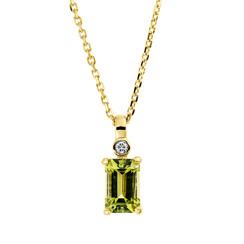 Collier 18 kt GG, mit ZÖ 42 cm, 1 Brill. 0,01 ct, TW-si, 1 Peridot 0,62 ct grün