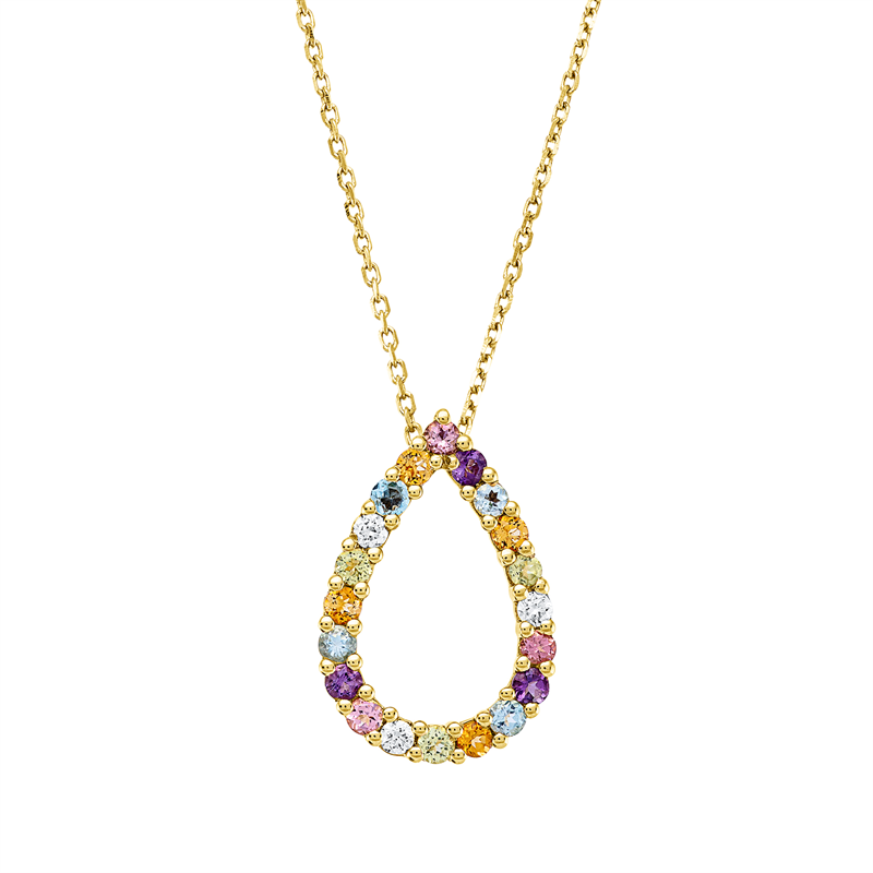 Collier 18 kt GG, mit ZÖ 42 cm, 3 Brill. 0,06 ct, TW-si, 17 Farbsteine 0,41 ct multicolor