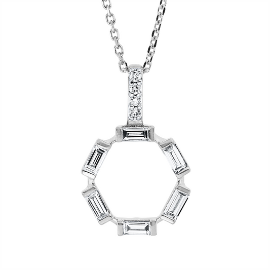 Collier 18 kt WG, mit ZÖ 42 cm, 6 Bag. 0,15 ct, TW-si, 4 Brill. 0,02 ct, TW-si