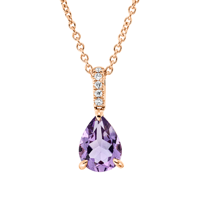 Collier 18 kt RG, mit ZÖ 42 cm, 5 Brill. 0,03 ct, TW-si, 1 Amethyst 0,94 ct lila
