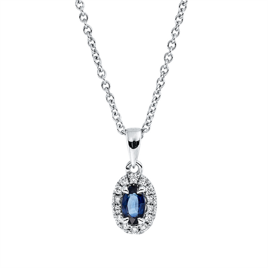Collier 18 kt WG, mit ZÖ 42 cm, 14 Brill. 0,07 ct, TW-si, 1 Saphir 0,27 ct blau