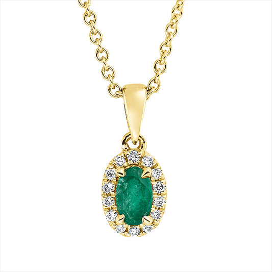 Collier 18 kt GG, mit ZÖ 42 cm, 14 Brill. 0,07 ct, TW-si, 1 Smaragd 0,20 ct grün
