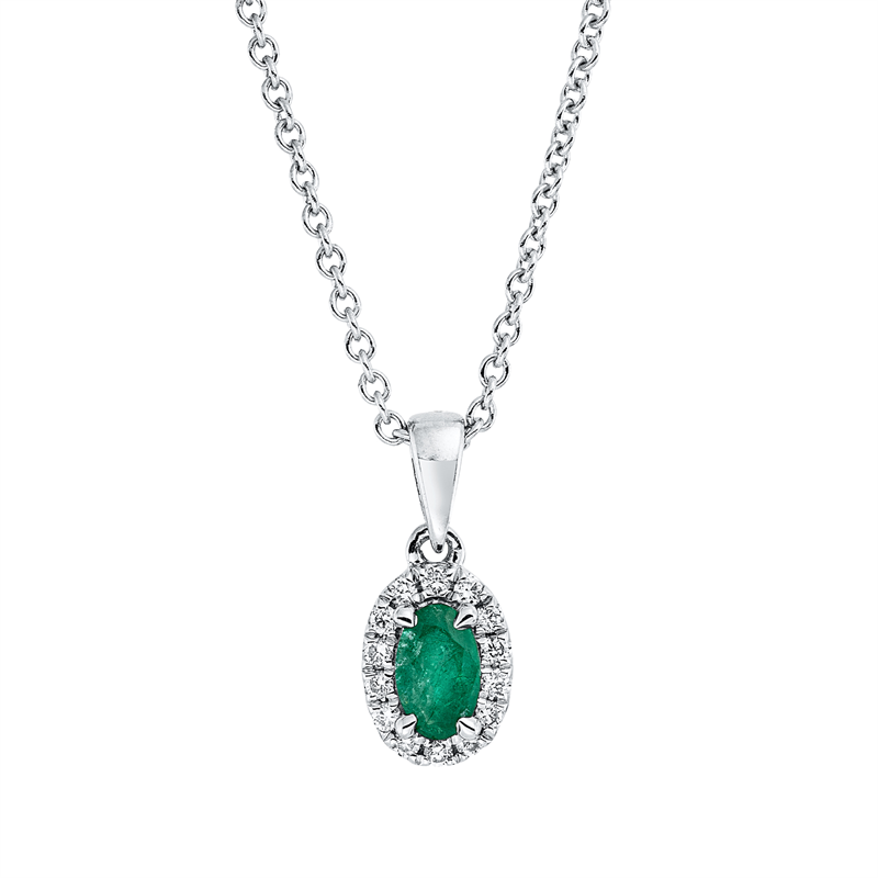 Collier 18 kt WG, mit ZÖ 42 cm, 14 Brill. 0,07 ct, TW-si, 1 Smaragd 0,23 ct grün