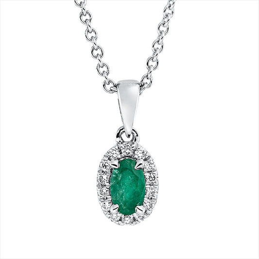 Collier 18 kt WG, mit ZÖ 42 cm, 14 Brill. 0,07 ct, TW-si, 1 Smaragd 0,23 ct grün