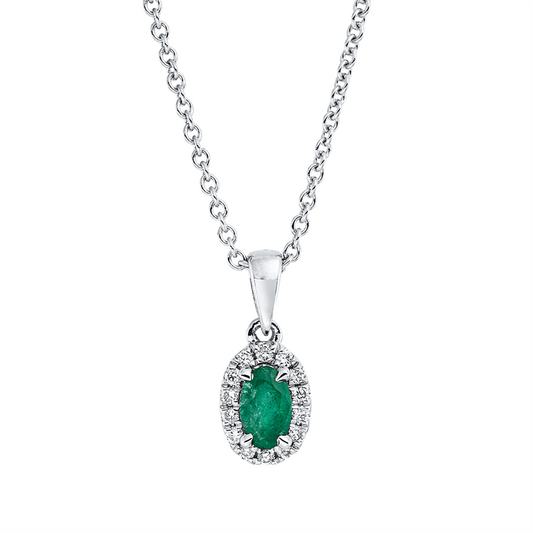 Collier 18 kt WG, mit ZÖ 42 cm, 14 Brill. 0,07 ct, TW-si, 1 Smaragd 0,23 ct grün