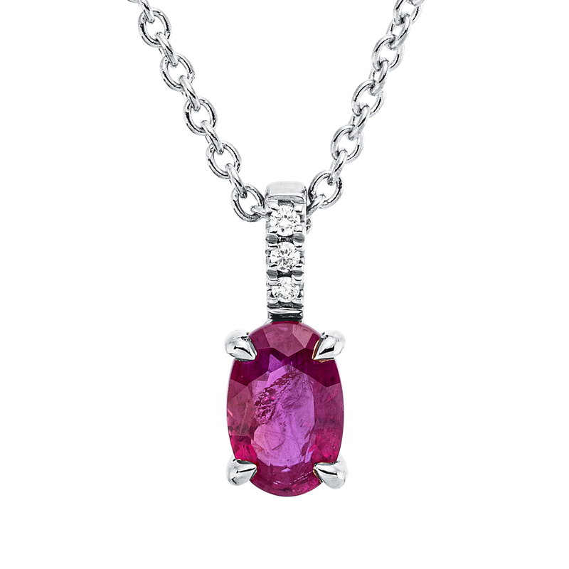 Collier 18 kt WG, mit ZÖ 42 cm, 3 Brill. 0,02 ct, TW-si, 1 Rubin 0,50 ct rot
