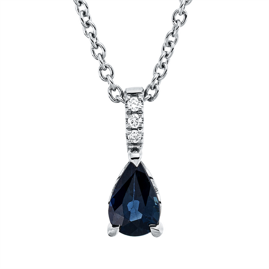 Collier 18 kt WG, mit ZÖ 42 cm, 3 Brill. 0,02 ct, TW-si, 1 Saphir 0,44 ct blau