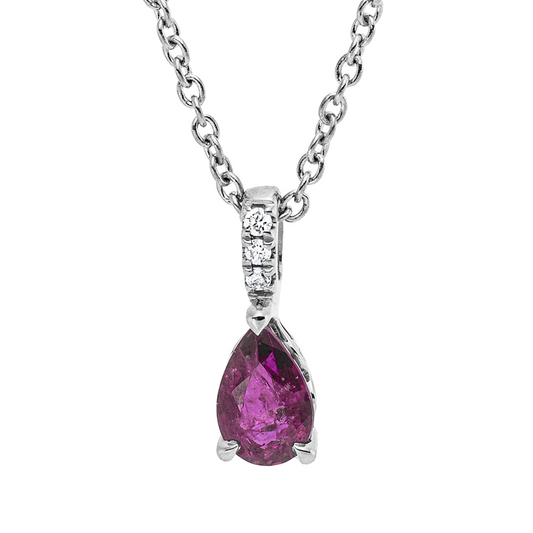 Collier 18 kt WG, mit ZÖ 42 cm, 3 Brill. 0,01 ct, TW-si, 1 Rubin 0,61 ct rot