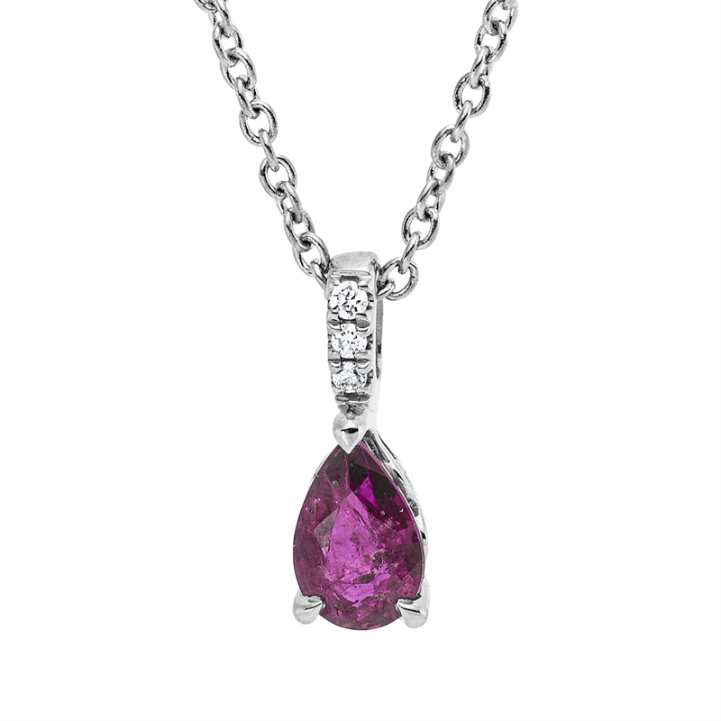Collier 18 kt WG, mit ZÖ 42 cm, 3 Brill. 0,01 ct, TW-si, 1 Rubin 0,61 ct rot