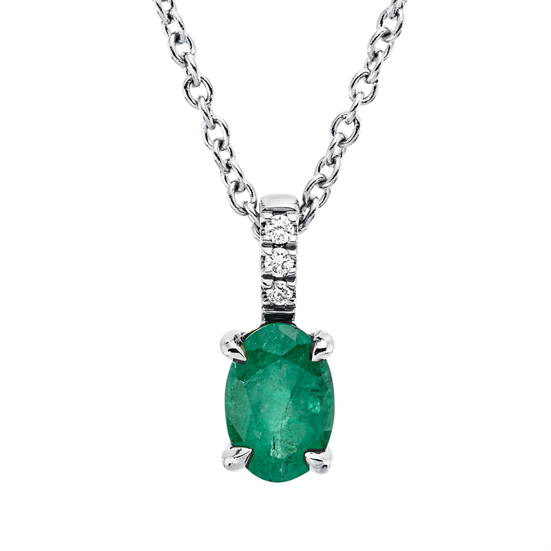 Collier 18 kt WG, mit ZÖ 42 cm, 3 Brill. 0,01 ct, TW-si, 1 Smaragd 0,49 ct grün