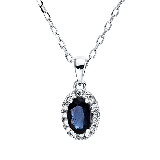 Collier 18 kt WG, mit ZÖ 42 cm, 16 Brill. 0,09 ct, TW-si, 1 Saphir 0,58 ct blau