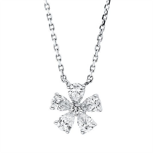 Collier 18 kt WG, mit ZÖ 40 cm, 5 Tropfen 0,31 ct, TW-si, 1 Brill. 0,01 ct, TW-si