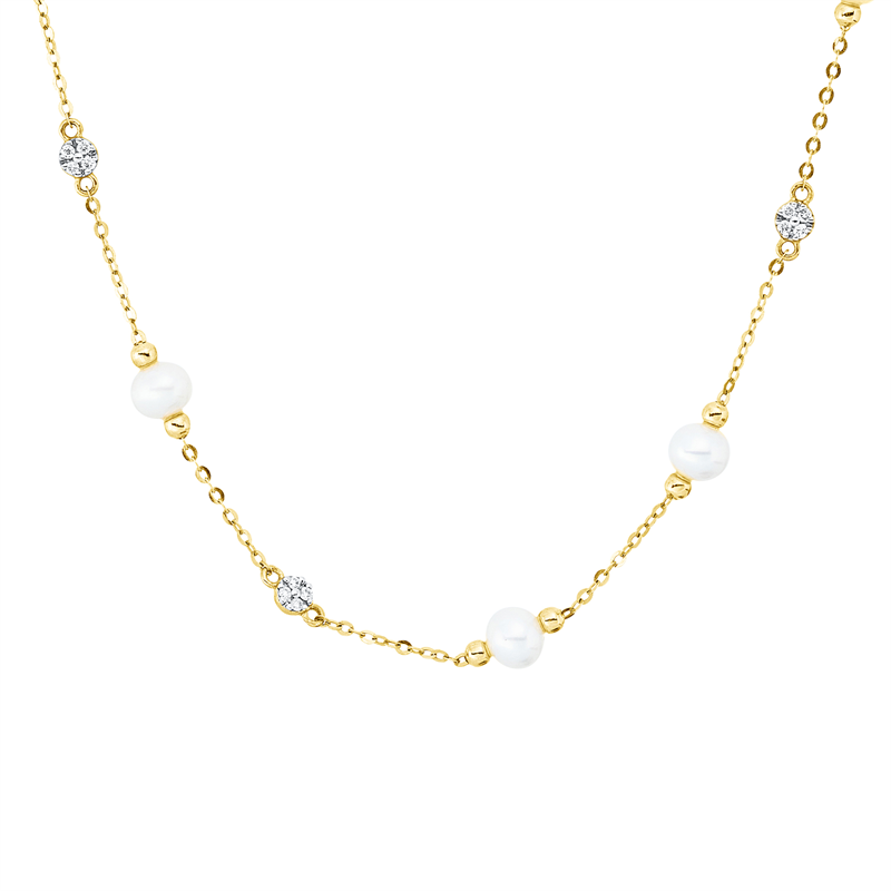 Collier 18 kt GG, mit ZÖ 38 cm, Fassung rhod., 12 Brill. 0,07 ct, TW-si, 1 SW weiß 5 mm, 5 SW weiß 4 mm