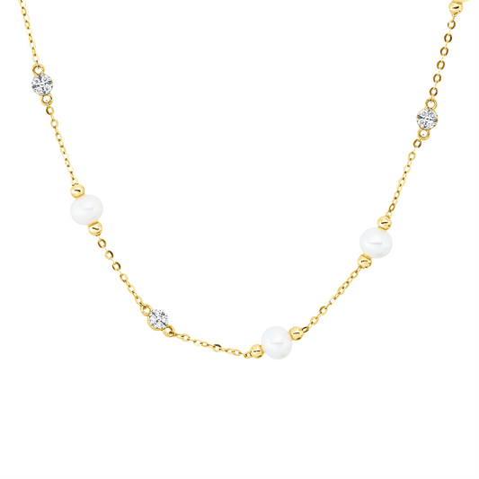 Collier 18 kt GG, mit ZÖ 38 cm, Fassung rhod., 12 Brill. 0,07 ct, TW-si, 1 SW weiß 5 mm, 5 SW weiß 4 mm