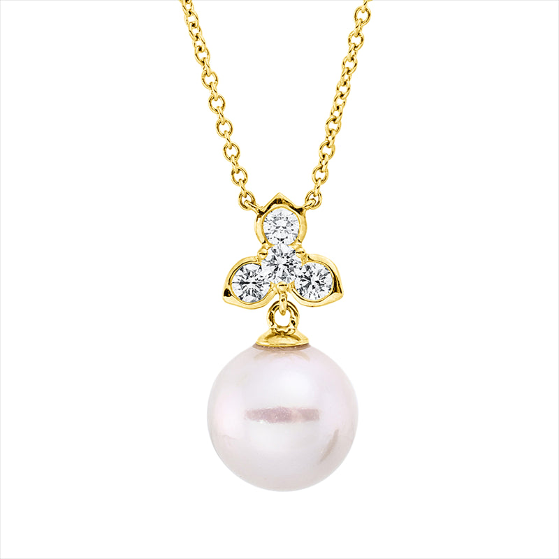 Collier 18 kt GG, mit ZÖ 40 cm, 4 Brill. 0,27 ct, TW-si, 1 ZP, barock weiß 9 mm