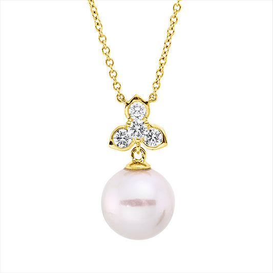 Collier 18 kt GG, mit ZÖ 40 cm, 4 Brill. 0,27 ct, TW-si, 1 ZP, barock weiß 9 mm
