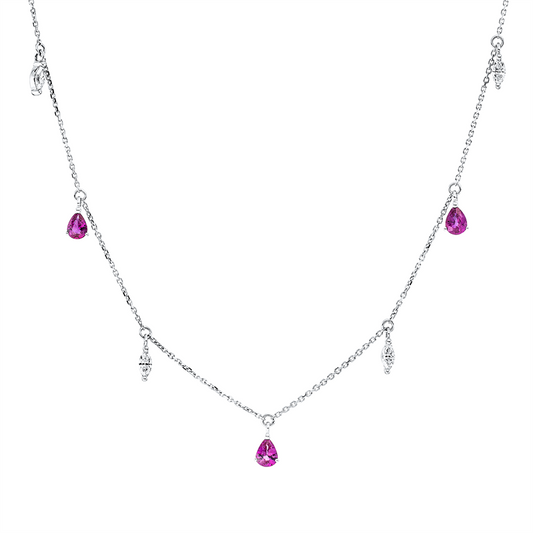 Collier 18 kt WG, mit ZÖ 42,43,44 cm, 4 Nav. 0,26 ct, TW-si, 5 Rubine 0,90 ct rot
