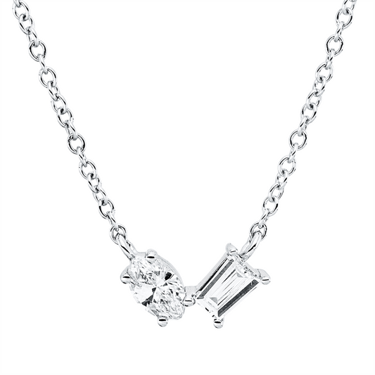 Collier 18 kt WG, mit ZÖ 40 cm + 43 cm, 1 Nav. 0,16 ct, TW-si, 1 Bag. 0,14 ct, TW-si