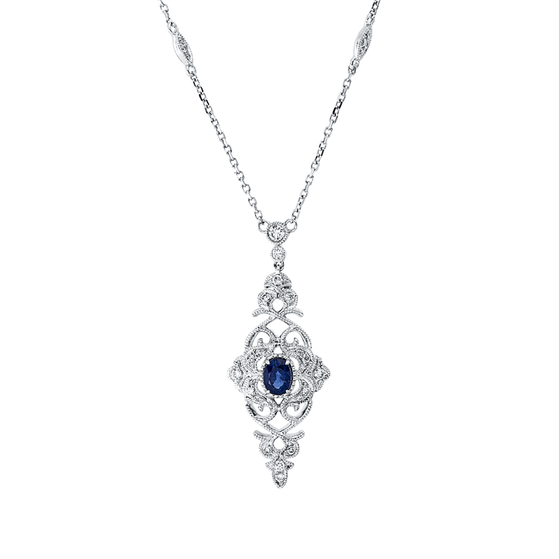 Collier 18 kt WG, mit ZÖ 40 cm + 43 cm, 31 Brill. 0,20 ct, TW-si, 1 Saphir 0,32 ct blau