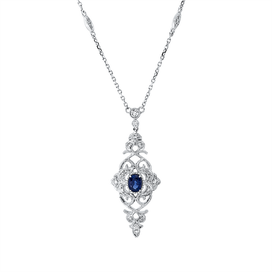 Collier 18 kt WG, mit ZÖ 40 cm + 43 cm, 31 Brill. 0,20 ct, TW-si, 1 Saphir 0,32 ct blau